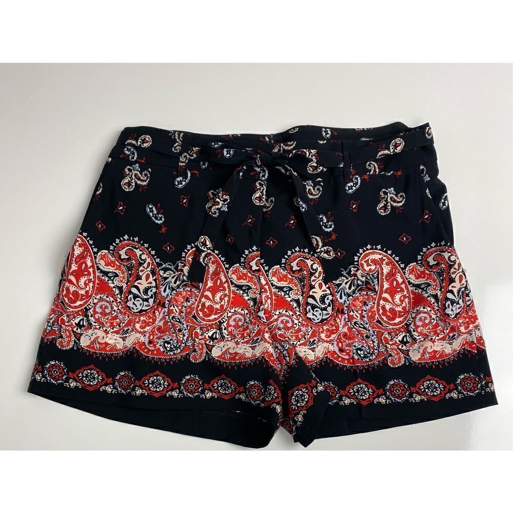 LOFT Paisley Tie Waist Shorts Womens Size 2 Black Casual Boho NWT